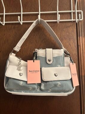 Juicy Couture White & Light Blue Logo Shoulder Bag w/ matching wallet